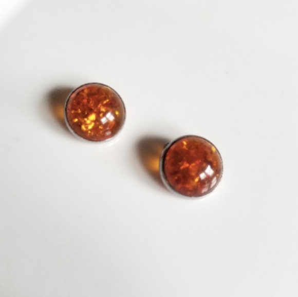 Vintage Jewelry - Vintage Amber Tone Glass Clip On Earrings, Silver